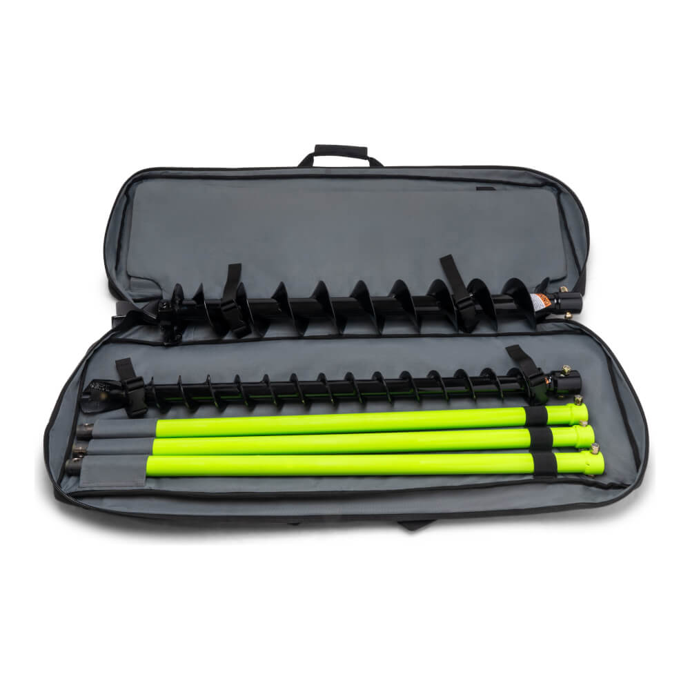 SiBore SB216e Battery Powered Bore Drill Machine in a case with black augers and green handles.