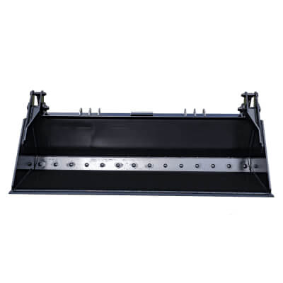 Prime Attachments Skid Steer 4-in-1 Bucket top-down view, black with multiple attachment points.