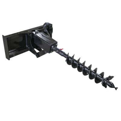 Prime Attachments Skid Steer Auger Drive angled view, black with auger drill bit and motor.