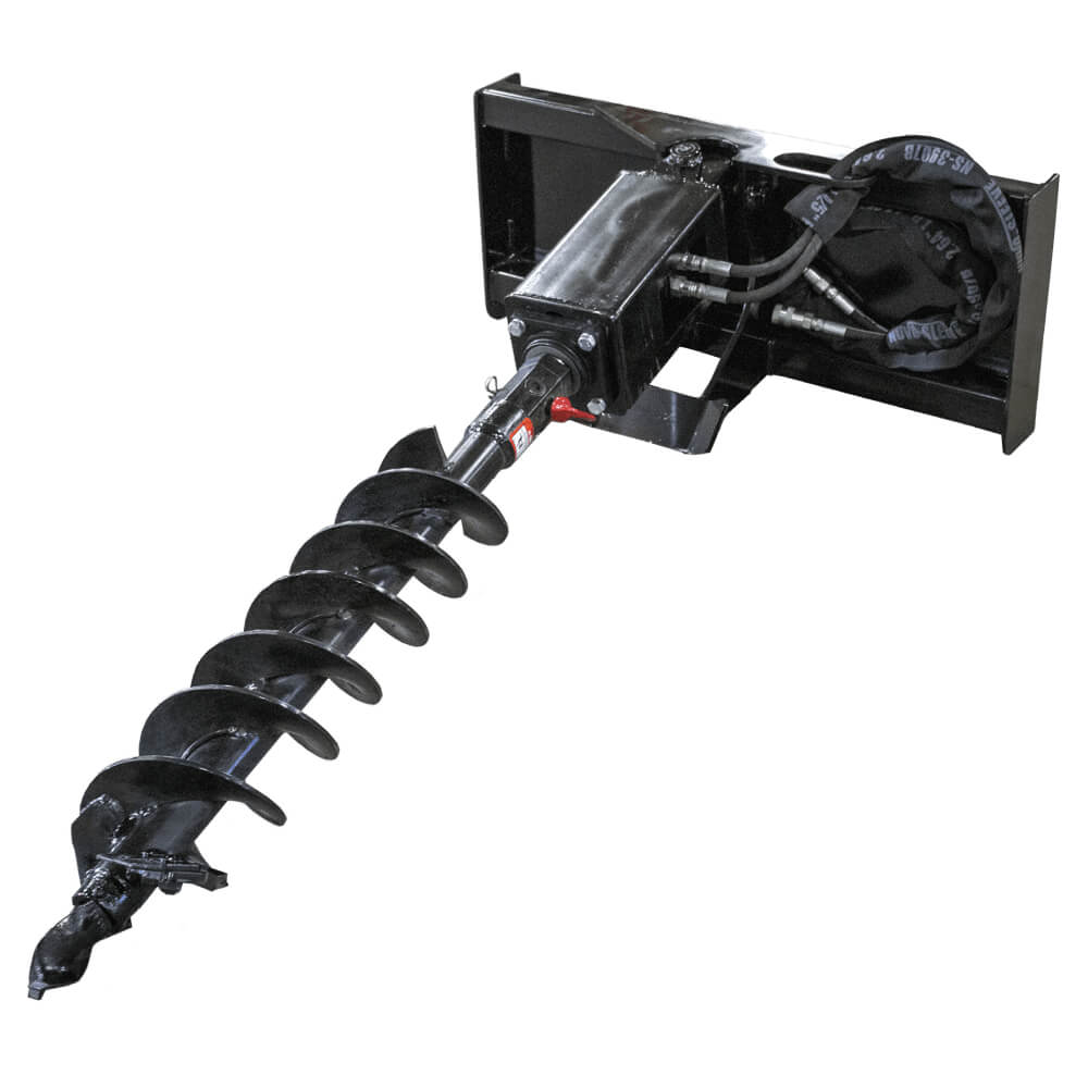 Prime Attachments skid steer auger drive, black with spiral drill bit and hydraulic connections.
