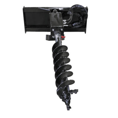 Prime Attachments Skid Steer Auger Drive top view, black with a spiral drill bit and hydraulic connections.