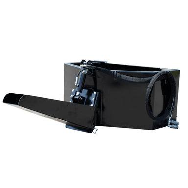 Skid Steer Concrete Hopper by Prime Attachments, black with adjustable chute and hydraulic features.