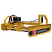 Skid Steer Grader Attachment by Roadrunner Equipment, yellow with hydraulic components and front blade.