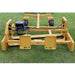 Skid Steer Grader Attachment from Roadrunner Equipment, yellow with hydraulic components and wheels.