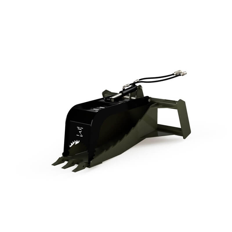 Skid Steer Heavy Duty Stump Grapple Bucket in black and green, showcasing its robust design.