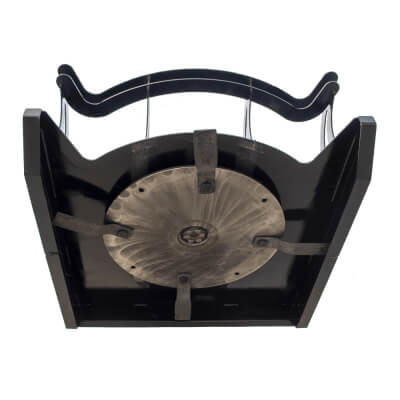 Prime Attachments Skid Steer Mower Attachment top view, black with metal cutting blades and handle.
