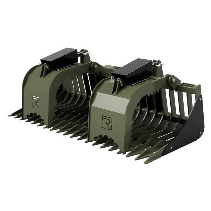 "Skid Steer Rock Grapple Attachment - Extreme Duty in olive green with robust gripping tines."