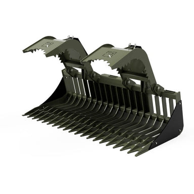 Skid Steer Rock Grapple Attachment - Extreme Duty in olive green with durable steel tines.