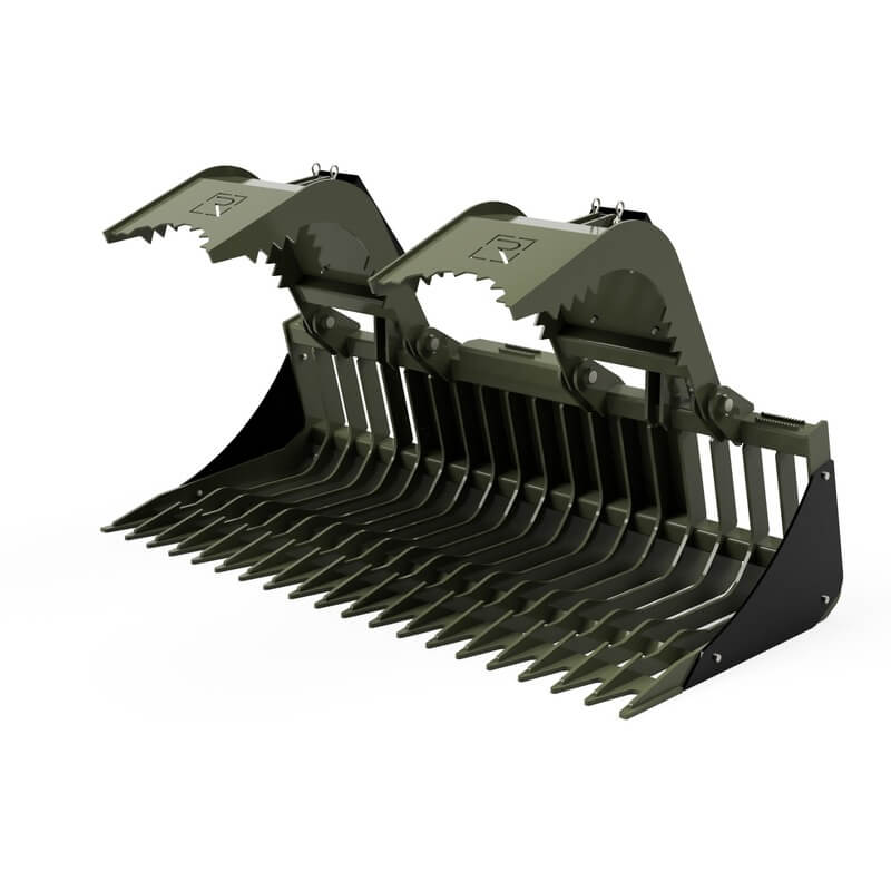 Skid Steer Rock Grapple Attachment - Extreme Duty in olive green with durable steel tines.