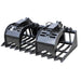 Prime Attachments Skid Steer Root Grapple angled view, black steel with dual claws and hydraulic functionality.