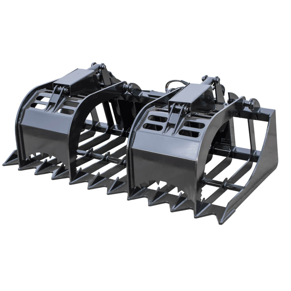 Prime Attachments skid steer root grapple, black, angled view with dual claws and heavy-duty design.