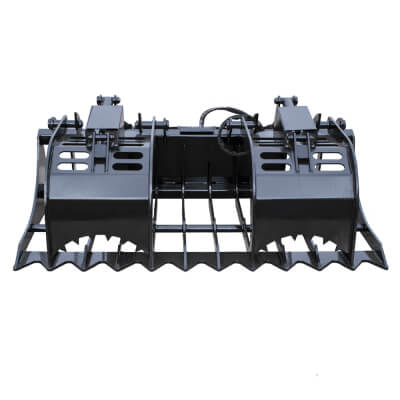 Prime Attachments Skid Steer Root Grapple top-down view, black with dual claws and robust construction.