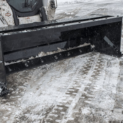 Prime Attachments Skid Steer Snow Box, black, angled view, designed for snow removal.