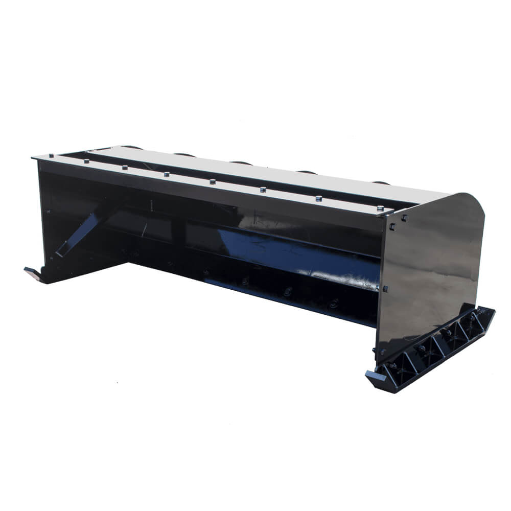 Prime Attachments Skid Steer Snow Box in black color, angled view with robust construction features.