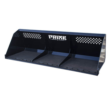 Prime Attachments Skid Steer Snow Bucket, black, front view with three-divided design.
