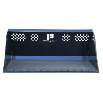 Prime Attachments Skid Steer Snow Bucket front view, blue with reinforced edges and attachment points.