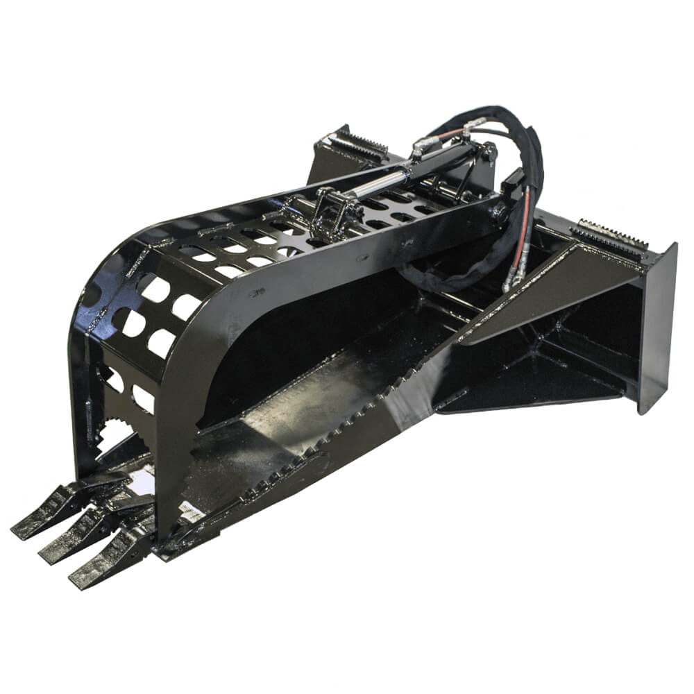 Prime Attachments Skid Steer Stump Bucket Grapple in black, angled view with perforated design.
