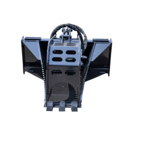 Prime Attachments Skid Steer Stump Bucket Grapple, black, front view with gripping claws.