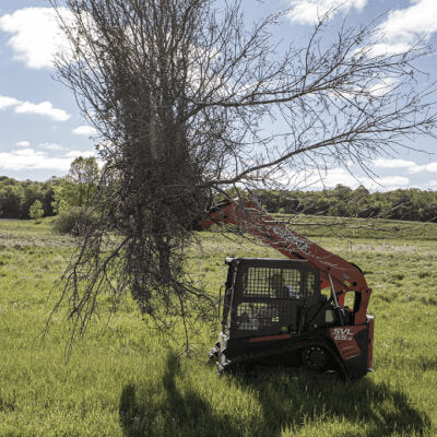 Skid Steer Stump Bucket Grapple by Prime Attachments, orange with a robust design for tree removal.