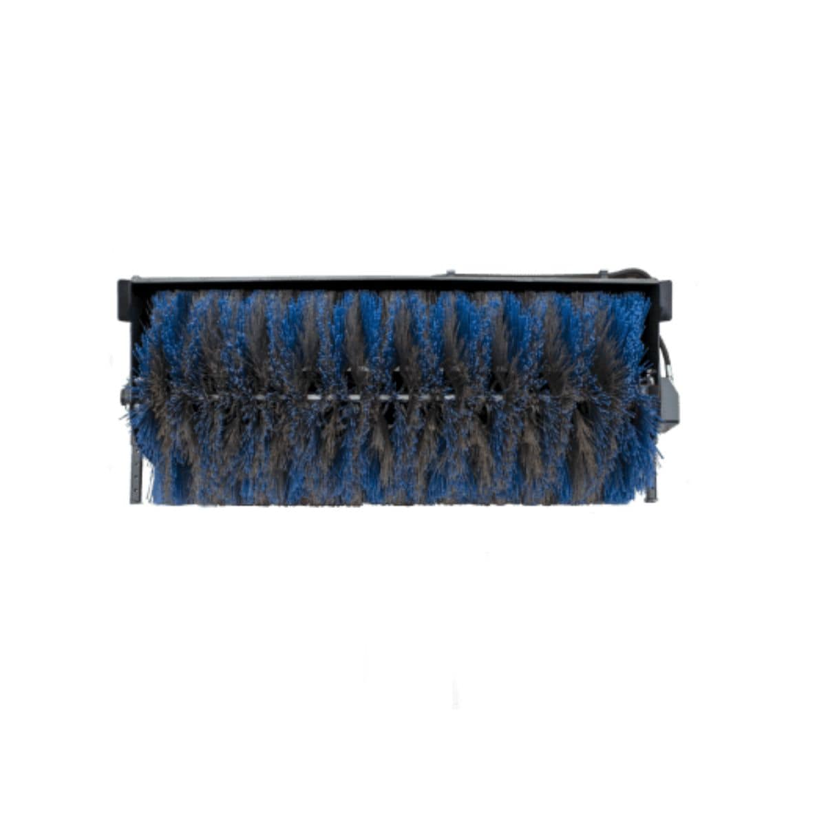 Skid Steer Sweeper Attachment by Prime Attachments, blue bristles with a sturdy, rectangular frame.