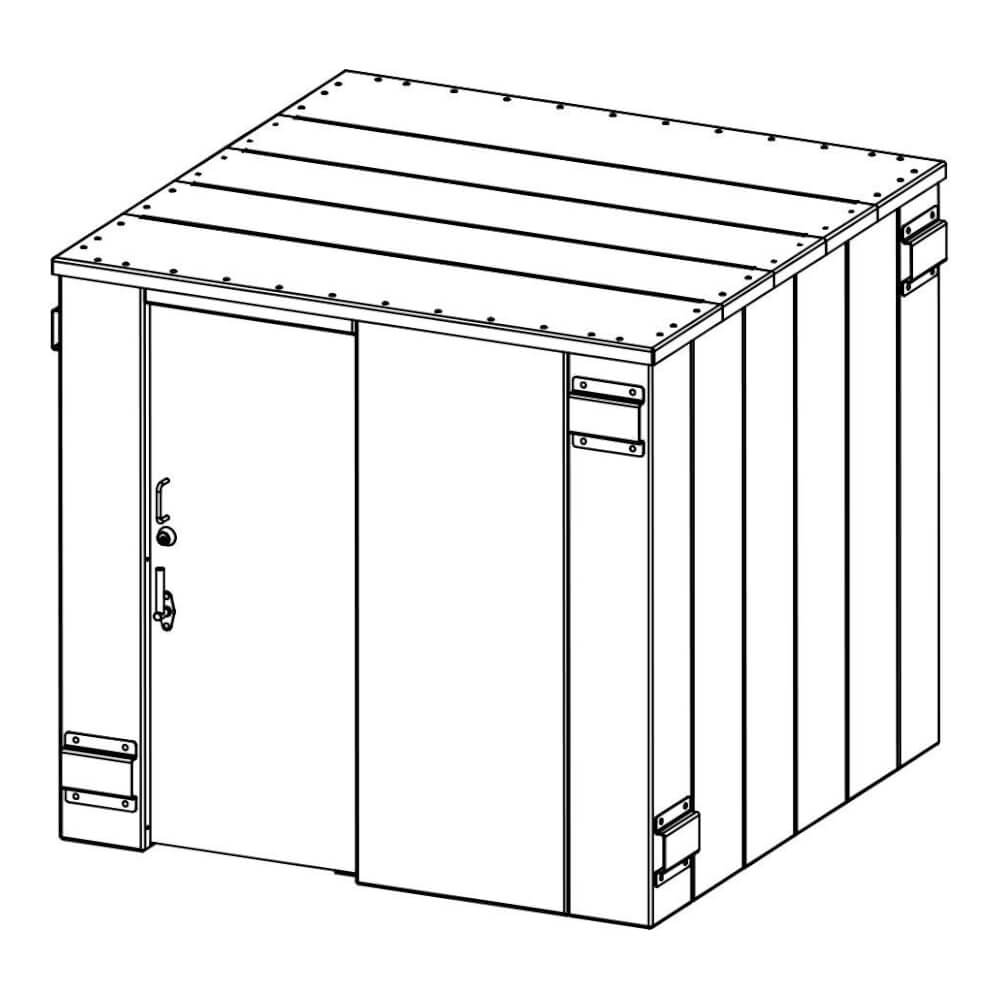 Swisher 14 Person ESP Safety Shelter angled view, featuring a sturdy design and double doors.