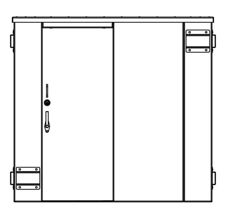 Swisher 14 Person ESP Safety Shelter front view, durable design with double doors and secure latches.