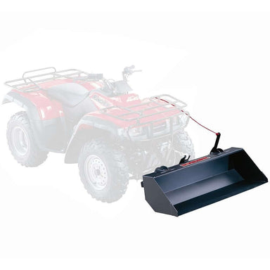 Swisher 15714 44" Universal Dump Bucket, angled view, black with handle and attachment system.
