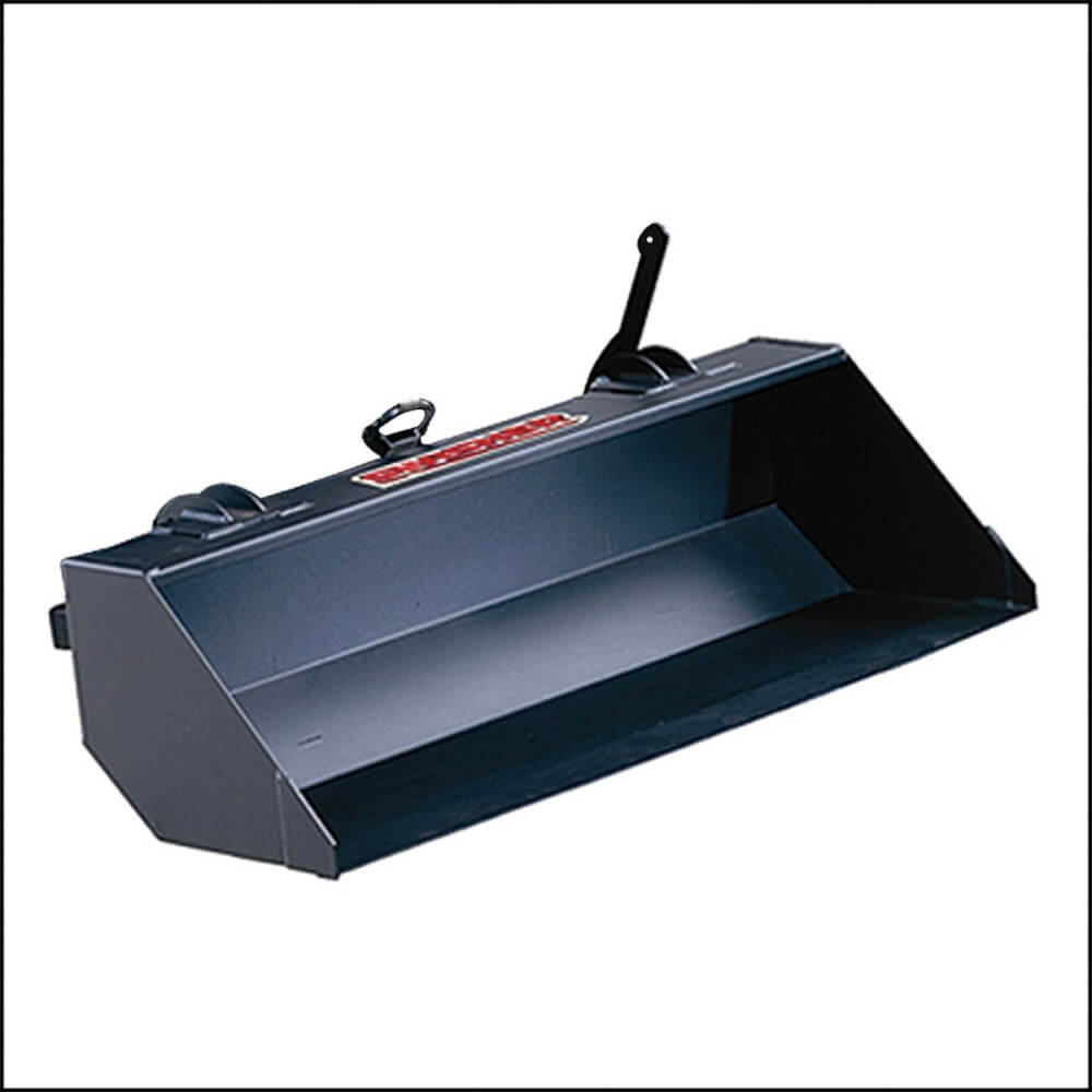 Swisher 15714 44" Universal Dump Bucket, black, angled view with mounting handles.