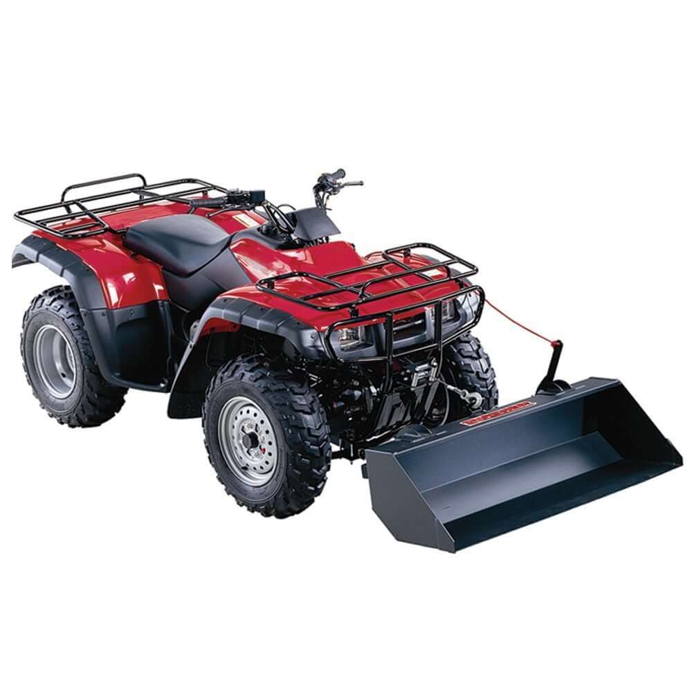 Swisher 15714 44" Universal Dump Bucket, red, attached to an ATV with a front view design.