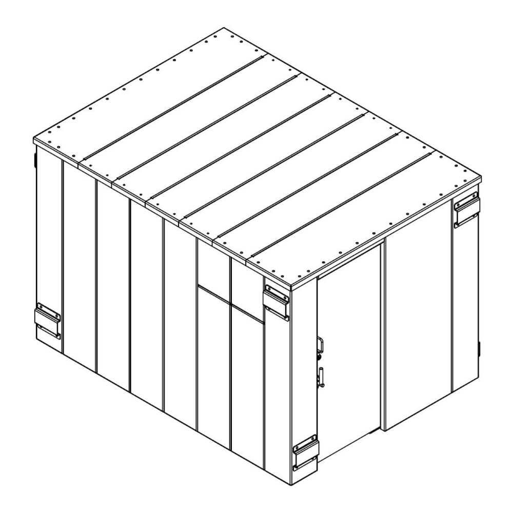Swisher 20 Person ESP Safety Shelter angled view, featuring a durable exterior and double doors.