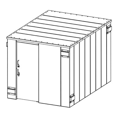 Swisher 20 Person ESP Safety Shelter, angled view, sturdy design with double doors and secure locks.