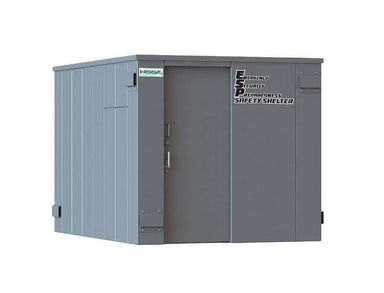 Swisher 20 Person ESP Safety Shelter front view, gray metal structure with secure door features.