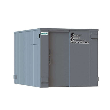 Swisher 20 Person ESP Safety Shelter front view, gray metal structure with secure door features.