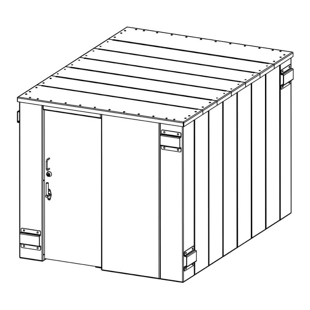 Swisher 20 Person ESP Safety Shelter front view, sturdy construction with double doors and roof design.