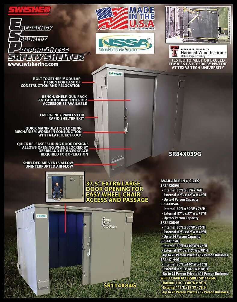 Swisher 20 Person ESP Safety Shelter in gray, featuring double doors and ventilation.