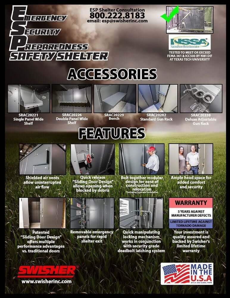 Swisher 20 Person ESP Safety Shelter, gray, featuring a sliding door design and removable panels.