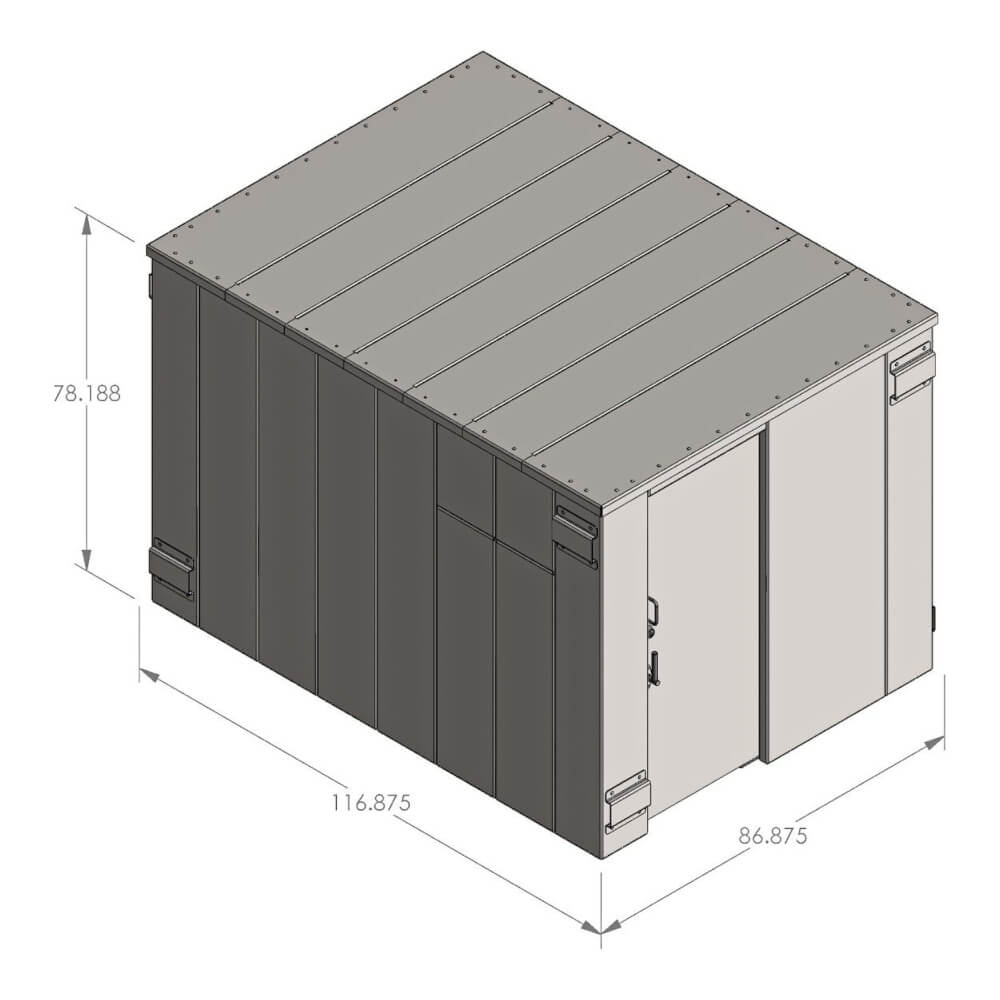 Swisher 20 Person ESP Safety Shelter top-down view, featuring a sturdy gray design with double doors.
