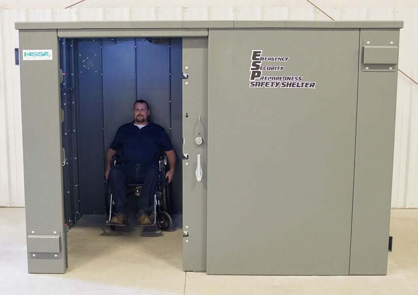 Swisher 20 Person ESP Wheelchair Accessible Storm Shelter, gray, front view with a secure entrance.