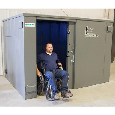 Swisher 20 Person ESP Wheelchair Accessible Storm Shelter, gray, front view with accessible entrance.