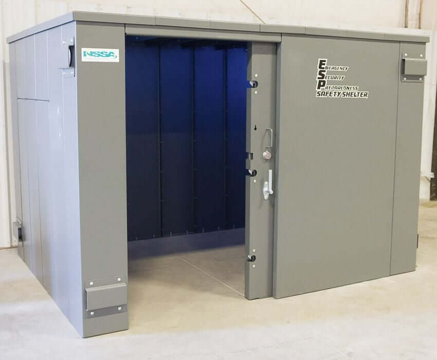 Swisher 20 Person ESP Wheelchair Accessible Storm Shelter, gray exterior with double door entry.