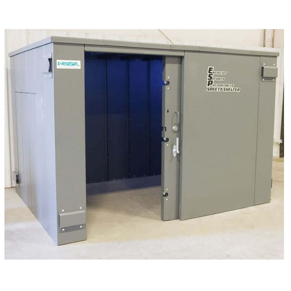 Swisher 20 Person ESP Wheelchair Accessible Storm Shelter, gray exterior with double door entry.