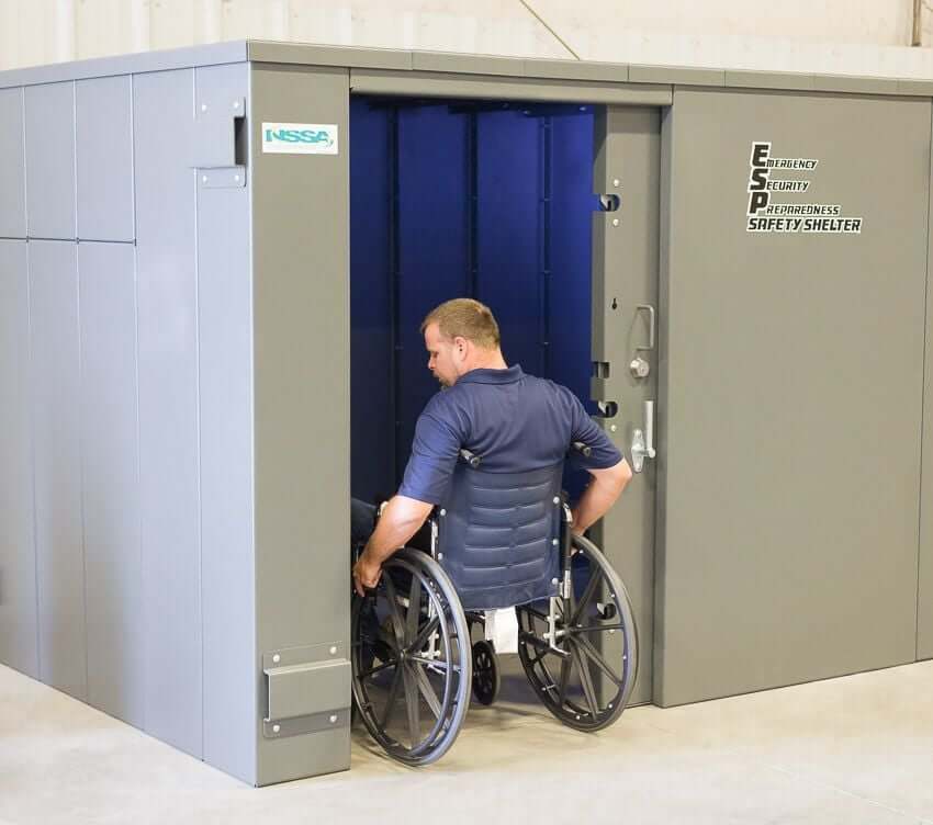 Swisher 20 Person ESP Wheelchair Accessible Storm Shelter, grey unit with wide opening for accessibility.