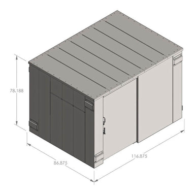 Swisher 20 Person ESP Wheelchair Accessible Storm Shelter, top-down view with double doors and measurements.