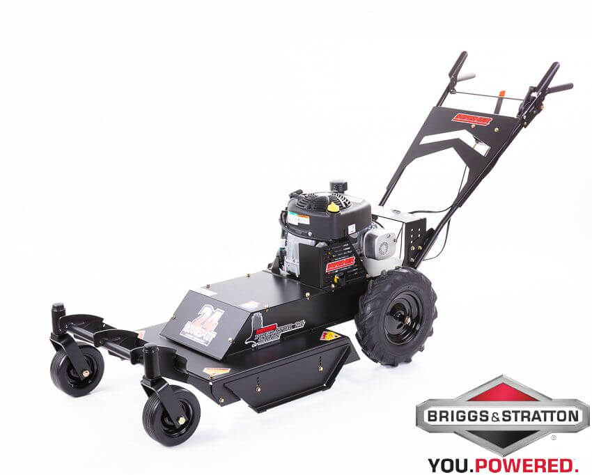 Briggs & Stratton 24" Walk Behind Rough Cut Mower, black, angled view with wheels and engine.