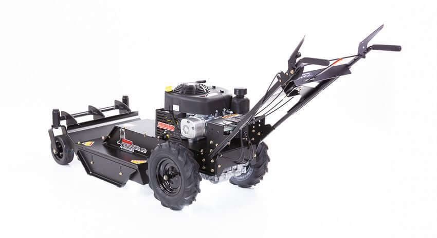 Swisher 24" Walk Behind Rough Cut Mower, angled view, black body with rugged wheels and handles.