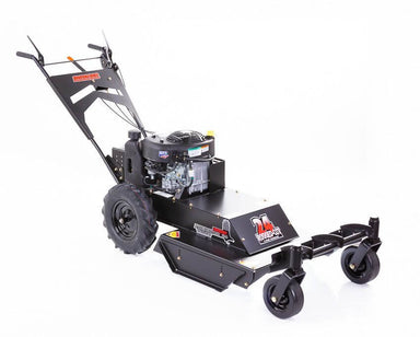 Swisher 24" Walk Behind Rough Cut Mower, black, angled view with large wheels and handle.