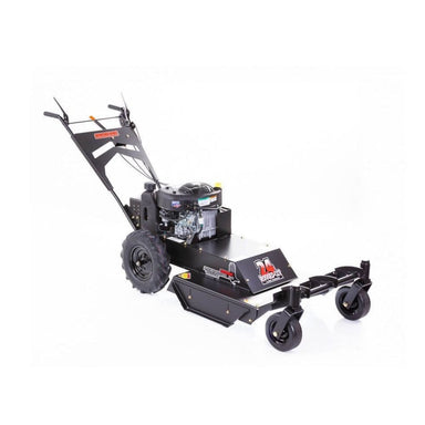 Swisher 24" Walk Behind Rough Cut Mower, black, angled view with large wheels and handle.