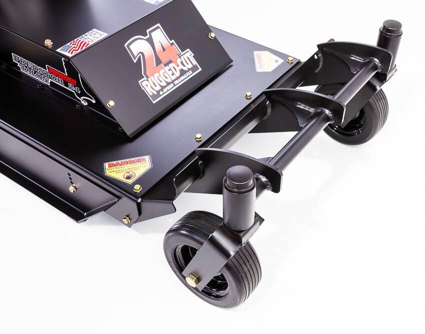 Swisher 24" Walk Behind Rough Cut Mower, black with casters, angled view showcasing handle and wheels.