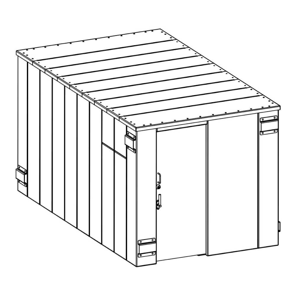 Swisher 25 Person ESP Safety Shelter angled view, featuring metal construction and double doors.