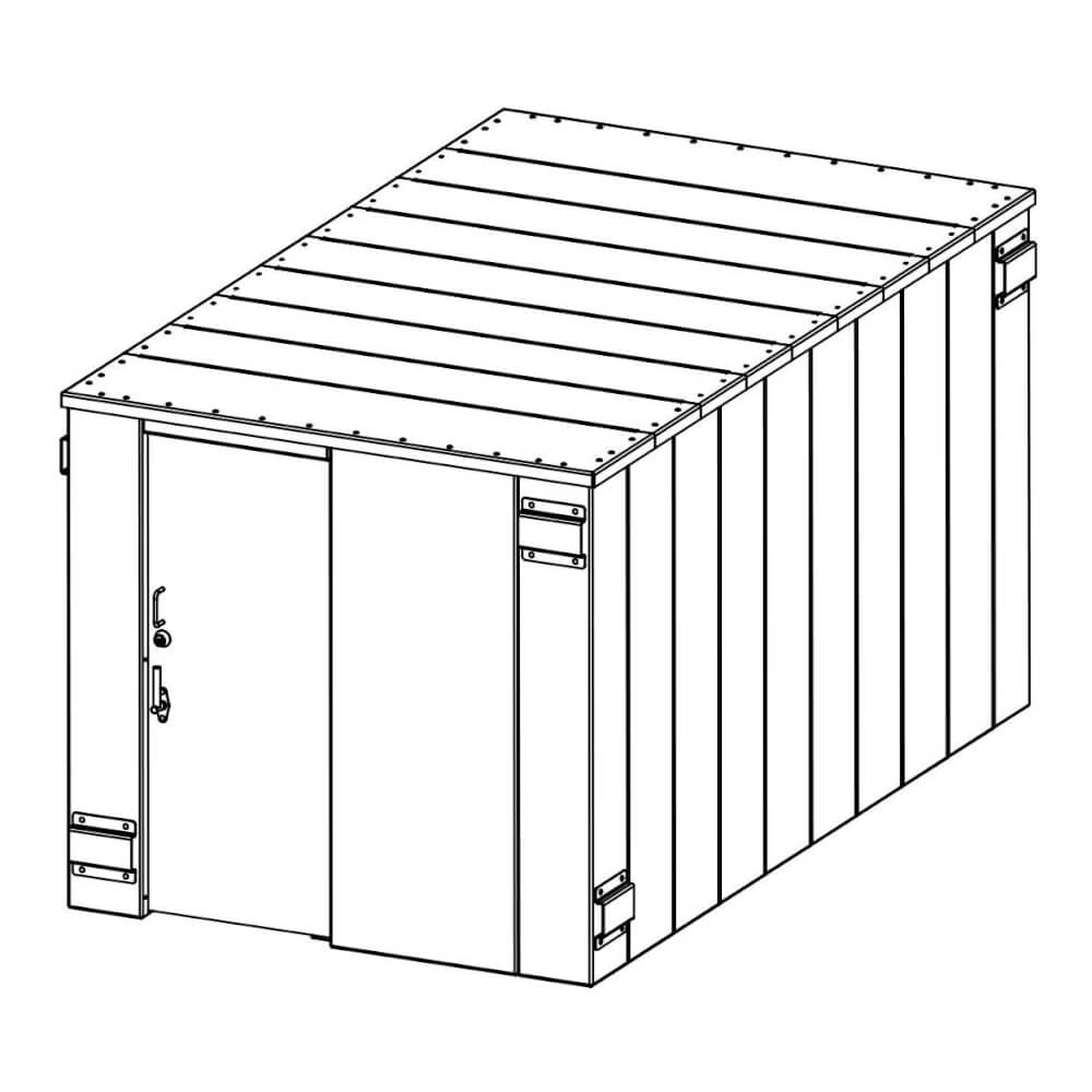 Swisher 25 Person ESP Safety Shelter angled view, featuring a sturdy design with dual doors.